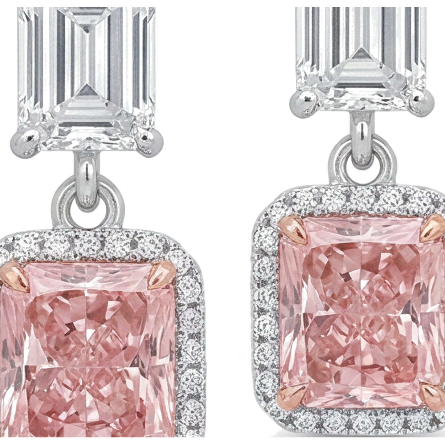 Ohrhänger mit rosa Diamanten, 5 Karat, im Labor gezüchtet, Radiantschliff-Halo, Smaragdschliff-Oberteile, 14 Karat Weißgold