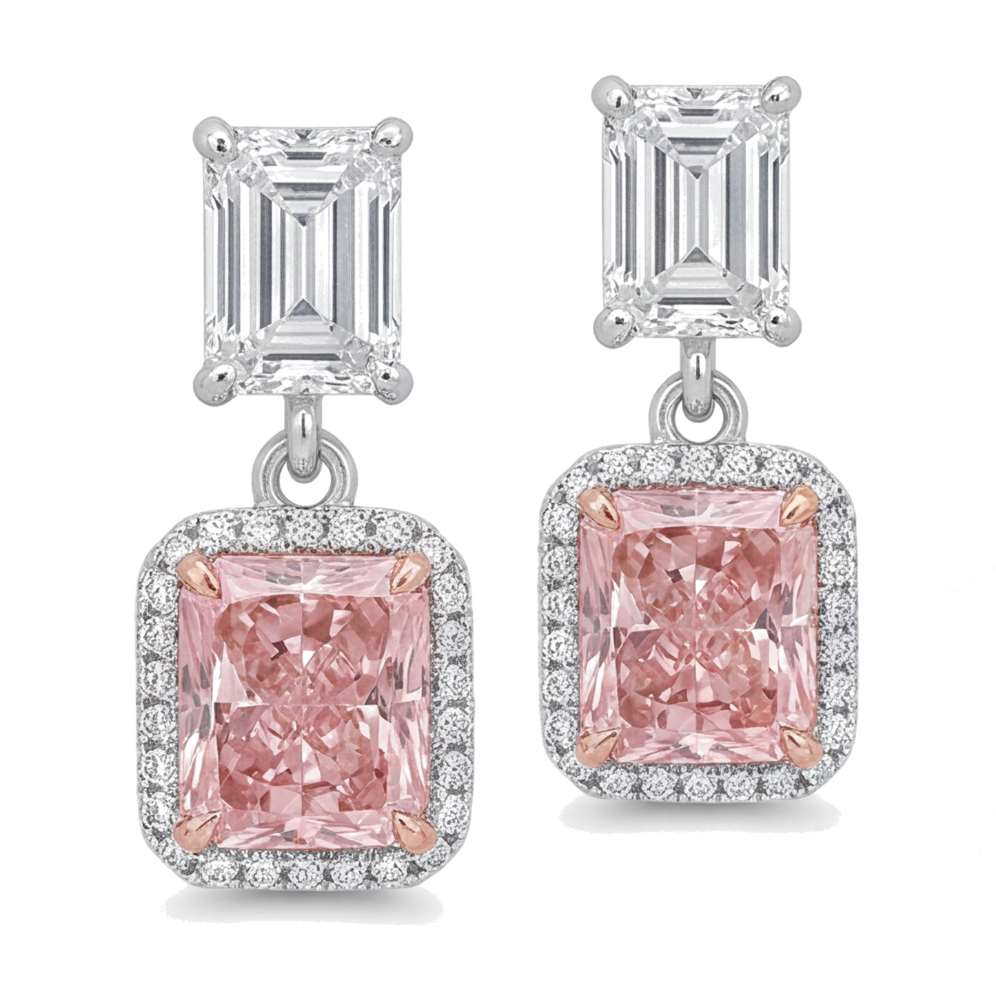 Ohrhänger mit rosa Diamanten, 5 Karat, im Labor gezüchtet, Radiantschliff-Halo, Smaragdschliff-Oberteile, 14 Karat Weißgold