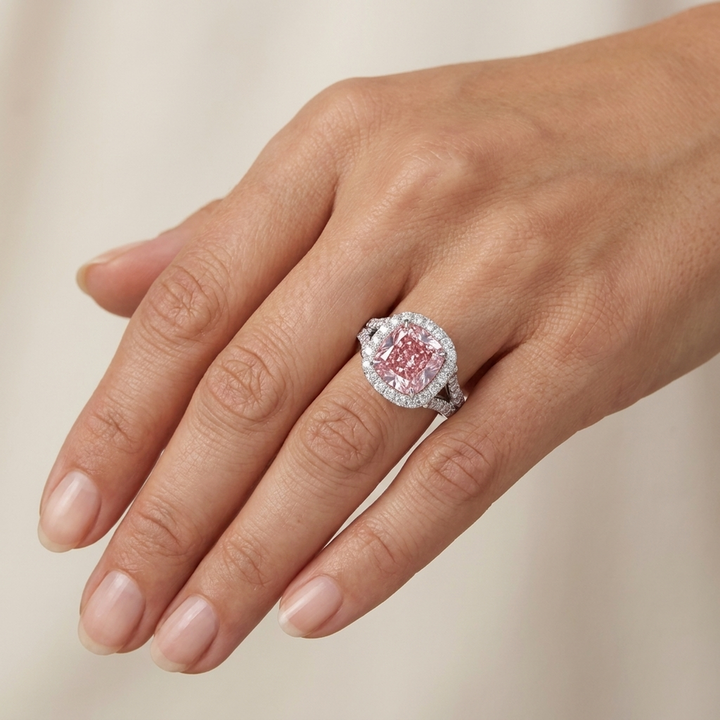 Verlobungsring mit rosa Diamant, 4,1 Karat, Kissenschliff