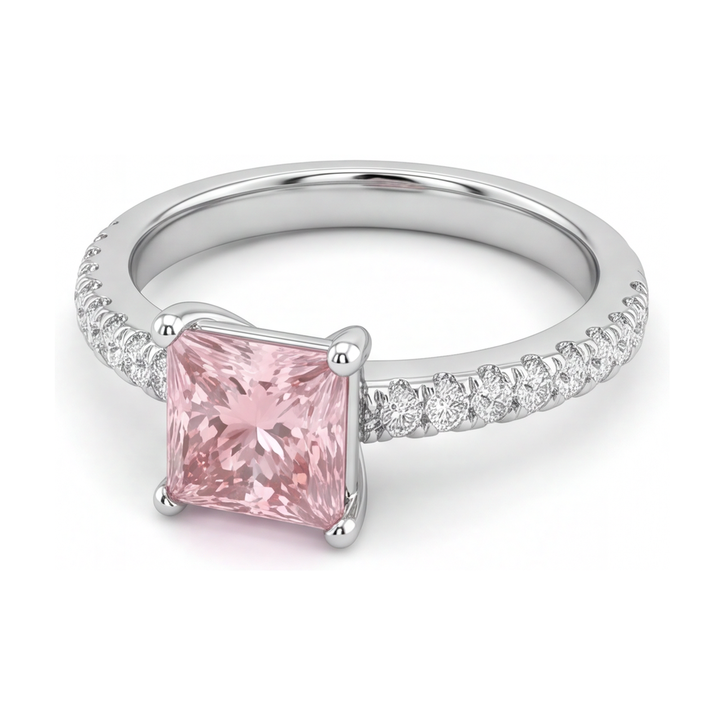 Rosa Diamantring, 3,5 Karat, im Labor gezüchtet, Prinzess-Schliff, Pavé, Solitär, 14 Karat Weißgold
