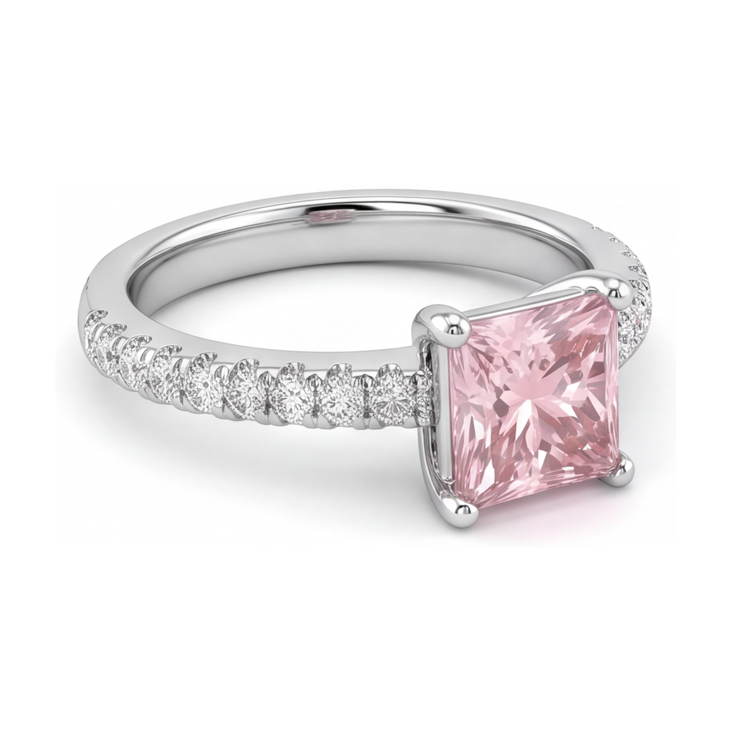 Rosa Diamantring, 3,5 Karat, im Labor gezüchtet, Prinzess-Schliff, Pavé, Solitär, 14 Karat Weißgold