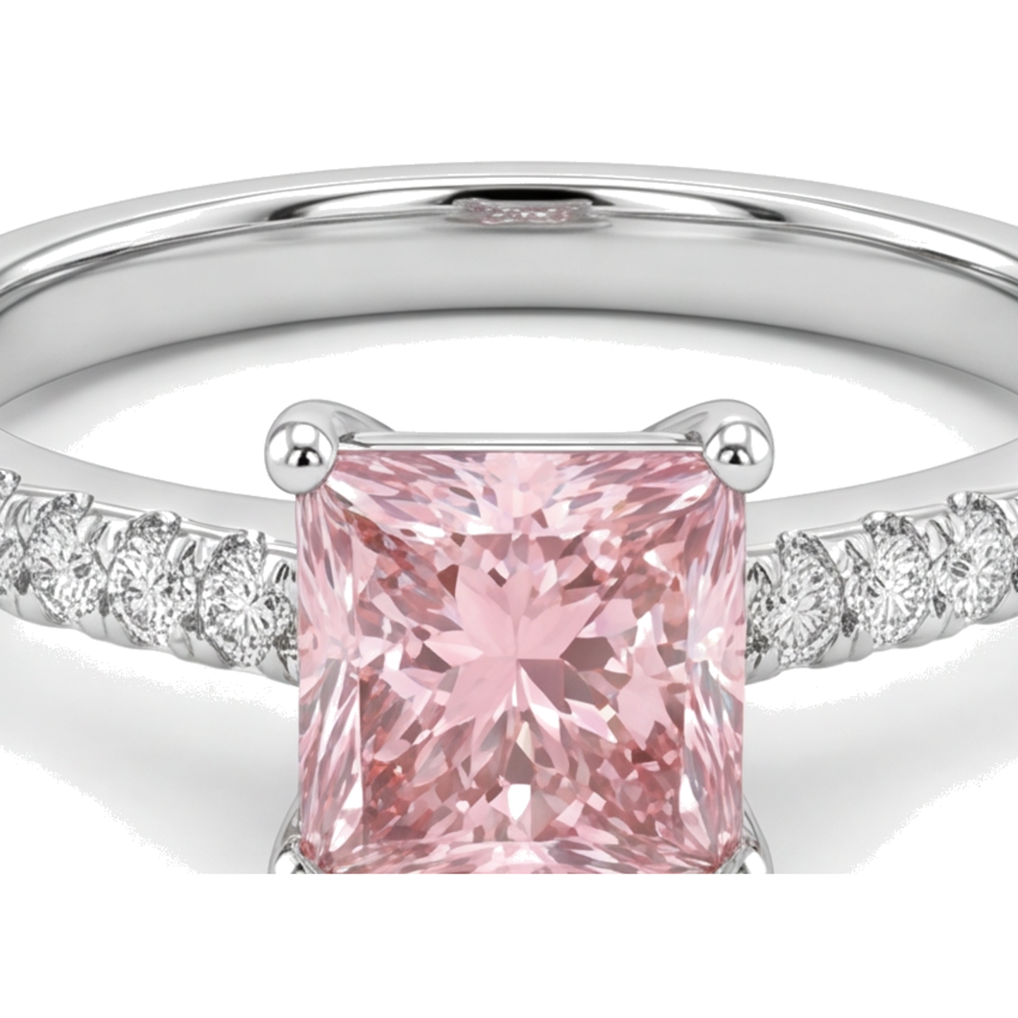 Rosa Diamantring, 3,5 Karat, im Labor gezüchtet, Prinzess-Schliff, Pavé, Solitär, 14 Karat Weißgold