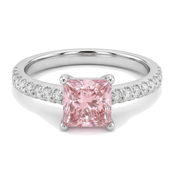 Rosa Diamantring, 3,5 Karat, im Labor gezüchtet, Prinzess-Schliff, Pavé, Solitär, 14 Karat Weißgold