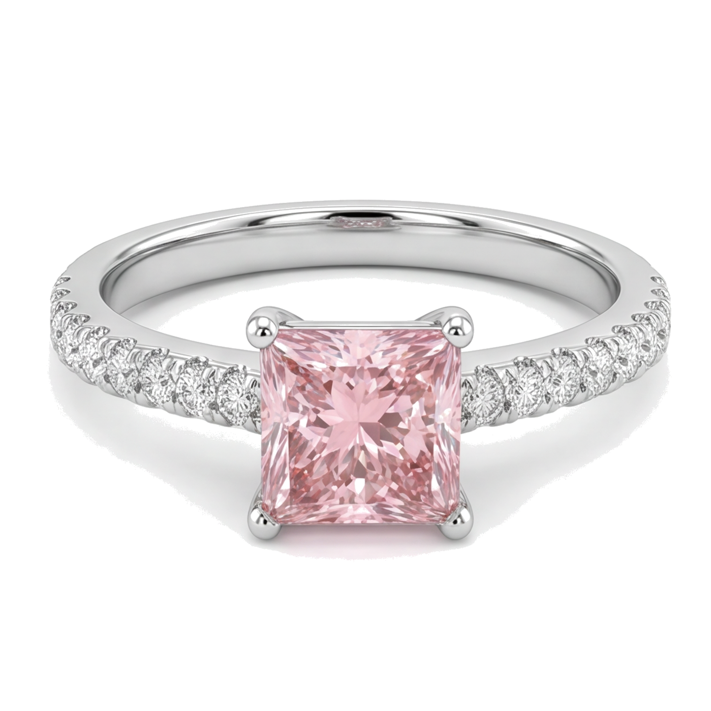 Rosa Diamantring, 3,5 Karat, im Labor gezüchtet, Prinzess-Schliff, Pavé, Solitär, 14 Karat Weißgold