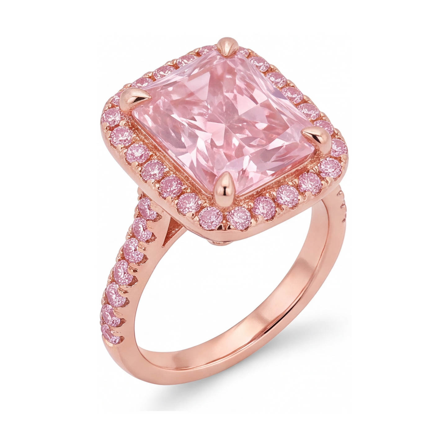 Pinkfarbener Diamantring 6 Karat im Labor gezüchtet Radiant-Schliff Halo Pavé 14 Karat Roségold