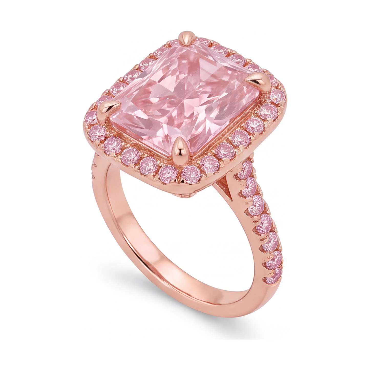 Pinkfarbener Diamantring 6 Karat im Labor gezüchtet Radiant-Schliff Halo Pavé 14 Karat Roségold