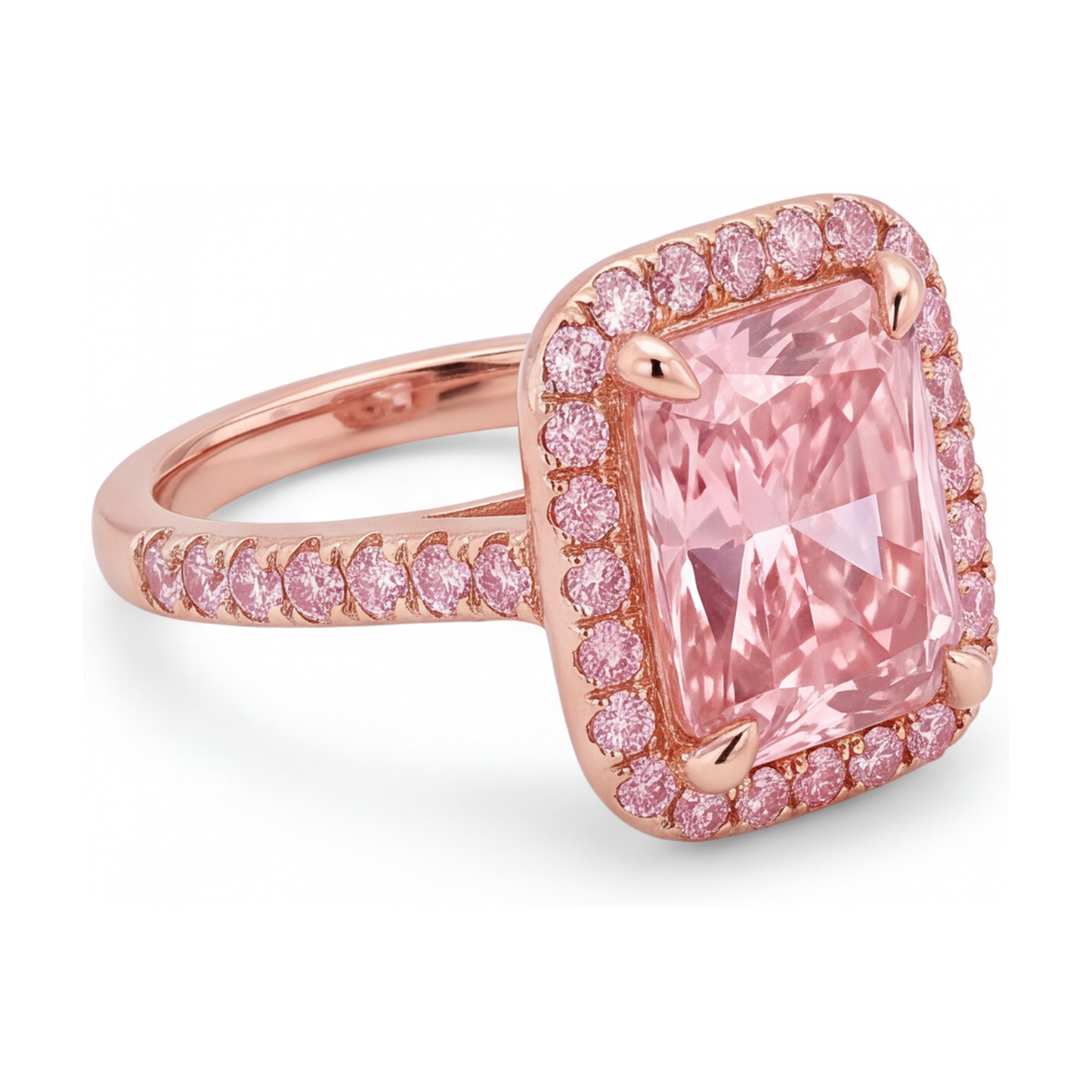Pinkfarbener Diamantring 6 Karat im Labor gezüchtet Radiant-Schliff Halo Pavé 14 Karat Roségold