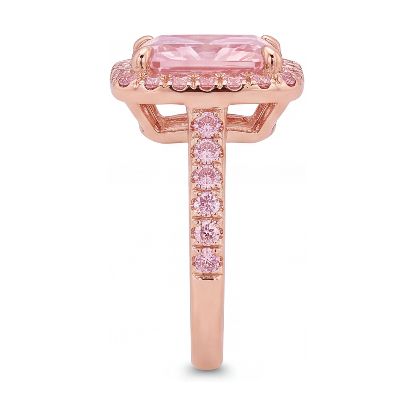 Pinkfarbener Diamantring 6 Karat im Labor gezüchtet Radiant-Schliff Halo Pavé 14 Karat Roségold