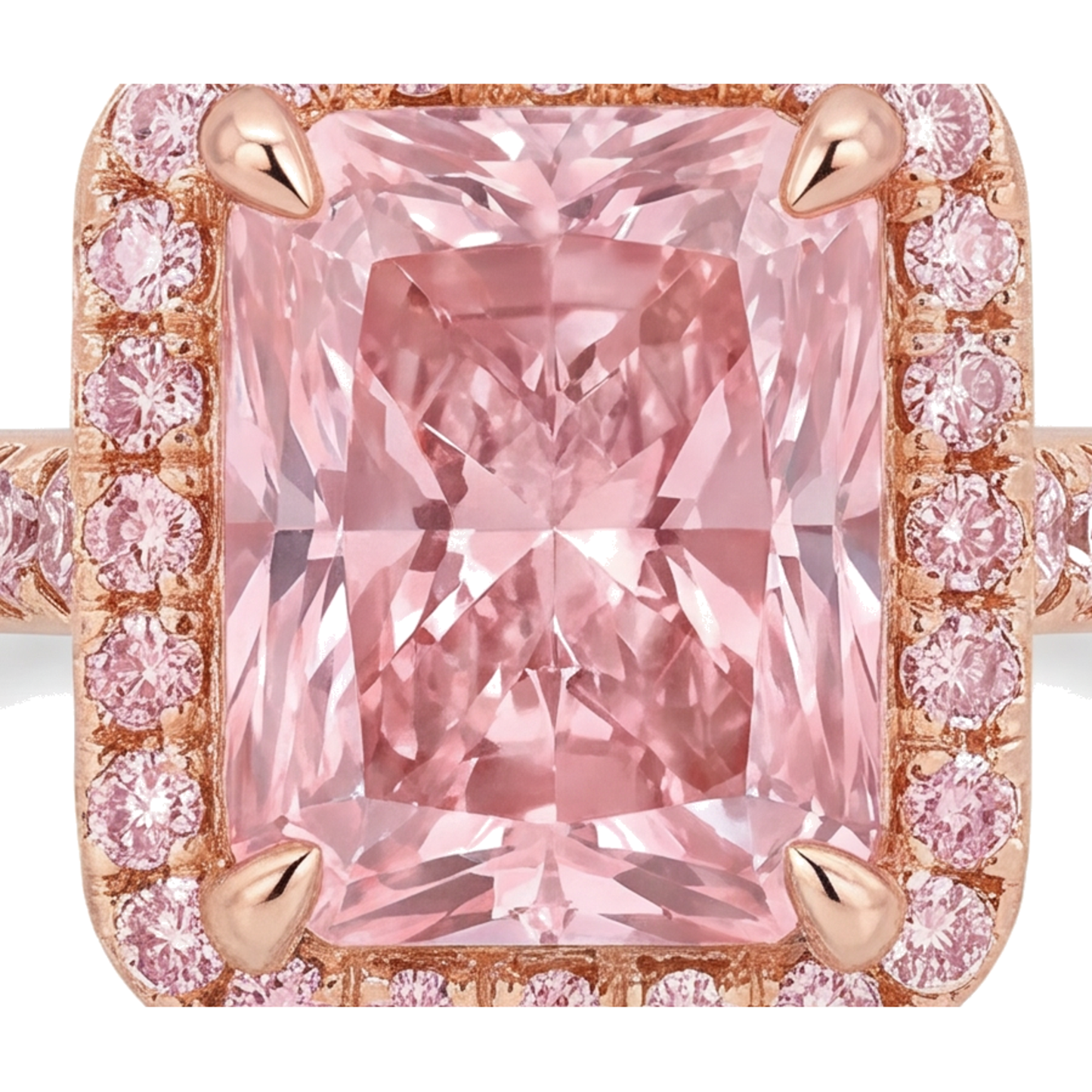 Pinkfarbener Diamantring 6 Karat im Labor gezüchtet Radiant-Schliff Halo Pavé 14 Karat Roségold