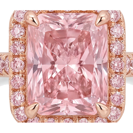 Pinkfarbener Diamantring 6 Karat im Labor gezüchtet Radiant-Schliff Halo Pavé 14 Karat Roségold