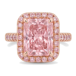 Pinkfarbener Diamantring 6 Karat im Labor gezüchtet Radiant-Schliff Halo Pavé 14 Karat Roségold