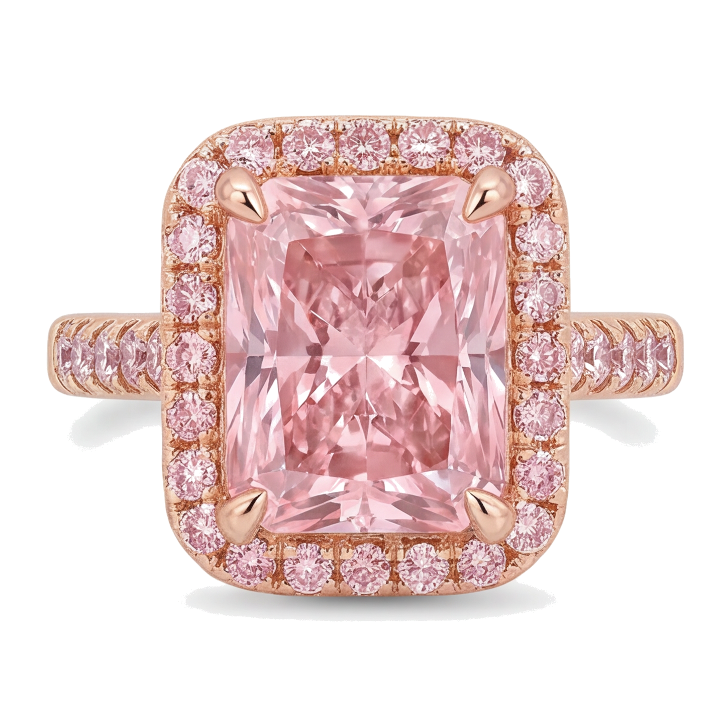 Pinkfarbener Diamantring 6 Karat im Labor gezüchtet Radiant-Schliff Halo Pavé 14 Karat Roségold