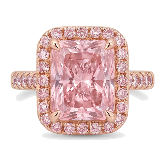 Pinkfarbener Diamantring 6 Karat im Labor gezüchtet Radiant-Schliff Halo Pavé 14 Karat Roségold