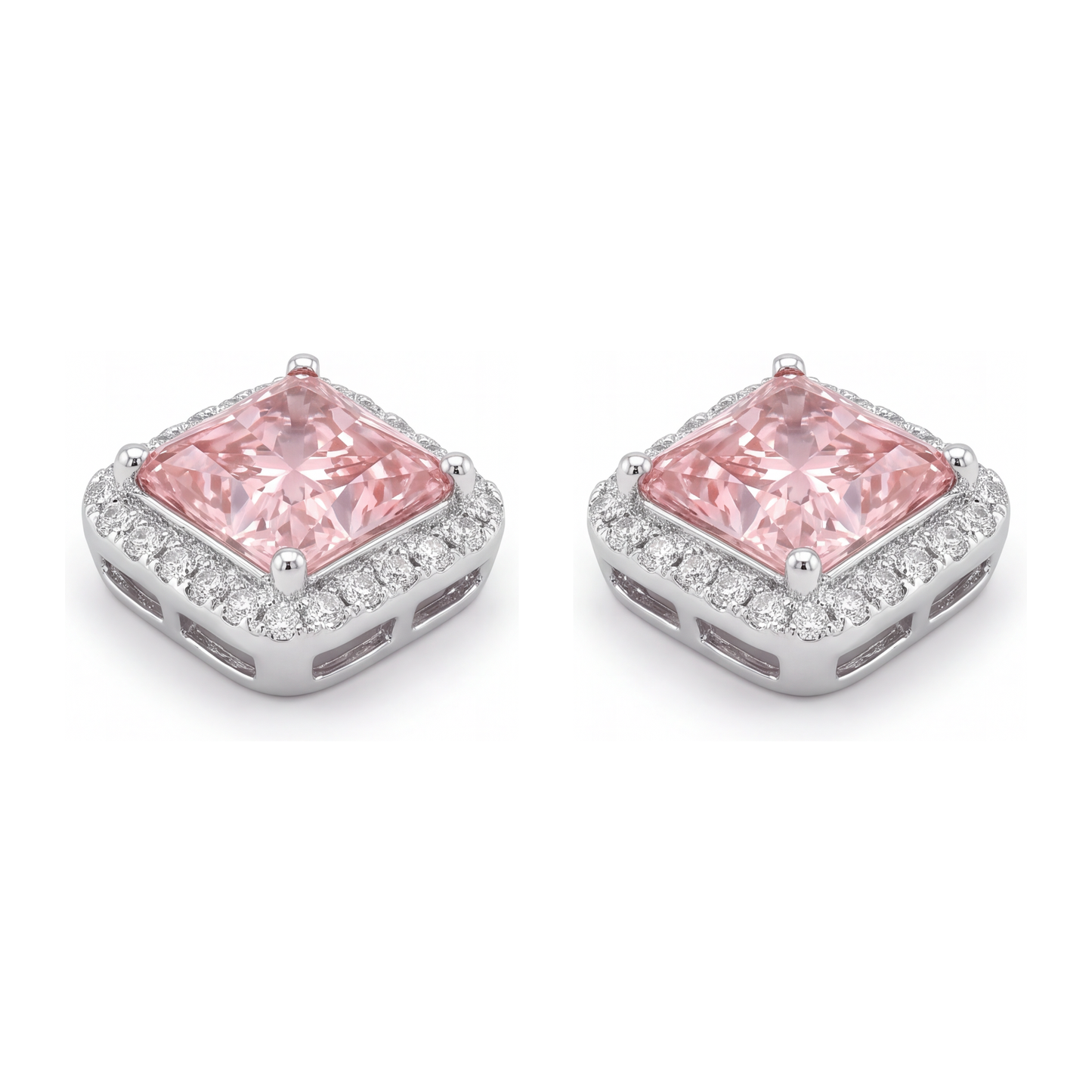 Rosa Diamant-Ohrstecker 3,5 Karat im Labor gezüchtet Radiant Halo 14 Karat Weißgold