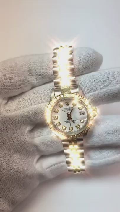 Datejust Rolex-Damenuhr, zweifarbiges Armband, weißes Diamantzifferblatt