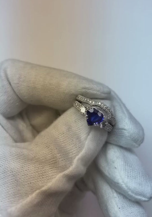 Ehering-Set mit echtem Diamant, Herz, blauer Saphir, Antik-Stil, 3,50 Karat