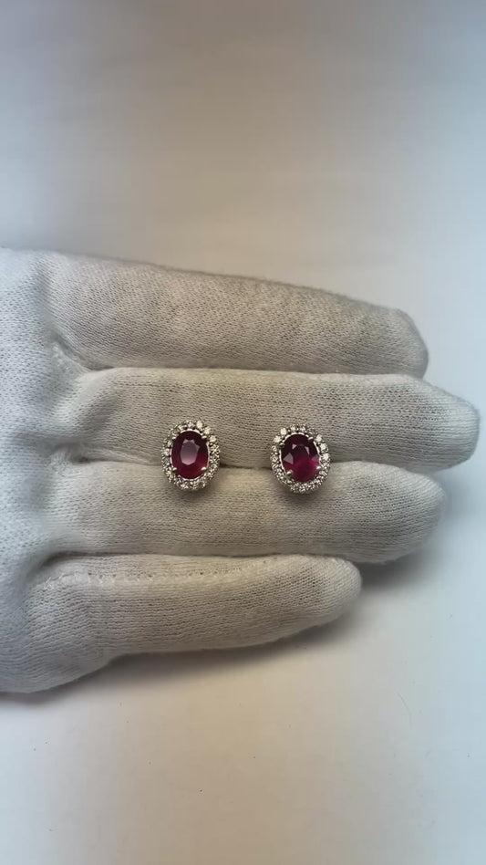 Krappenset Rubin und Aus der Erde Abgebauter Natürlicher Diamanten 8,50 ct Ohrstecker 14K Weißgold