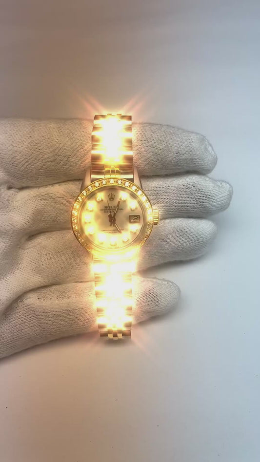 Rolex Datejust Damenuhr mit weißem Mop-Diamant-Zifferblatt und zweifarbigem Armband