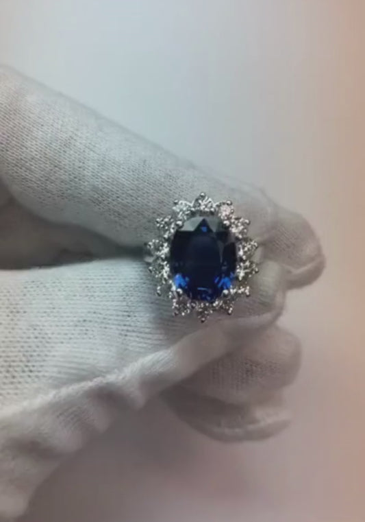 Ovaler Diamant-Verlobungsring Halo Ceylon Saphir 6 Karat Blumenstil