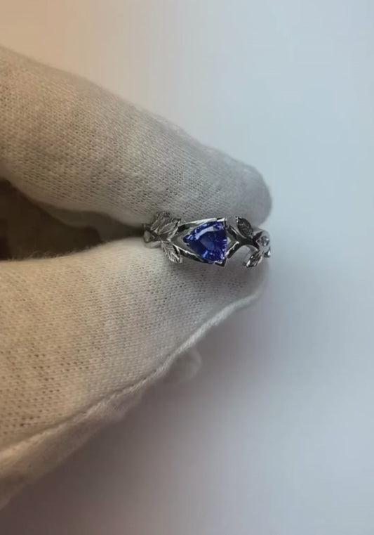 Damen Solitaire Trillion Blue Saphir Ring Leaf Style 1 Karat
