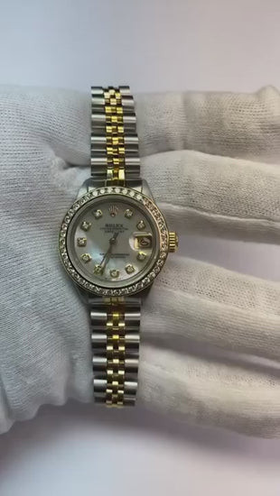 Rolex Datejust Damenuhr aus Edelstahl in Gold mit Diamant-Zifferblatt und Kanalfassung