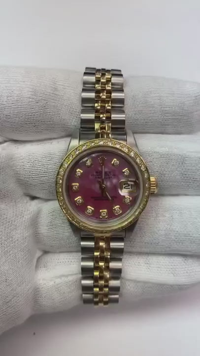 Rolex Damenuhr Aus 18K Gelbgold Mit Rosa Zifferblatt Und Diamanten
