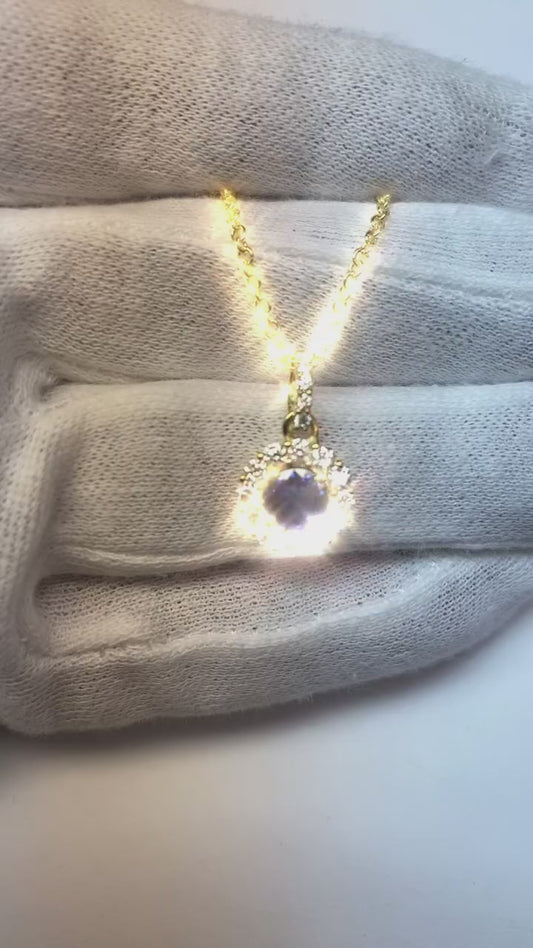 2 Karat Runder Blauer Saphir & Aus der Erde Abgebauter Natürlicher Diamant Anhänger Halskette 14K Gold