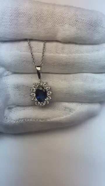 Anhänger Halskette Ceylon Saphir mit Aus der Erde Abgebauter Natürlicher Diamanten 3.20 ct Weißgold 14K