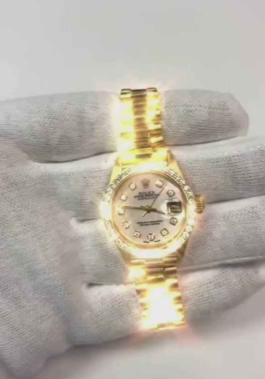 Rolex Date just Präsidentenstil Uhr, weißes Mop-Diamant-Zifferblatt, Lünette, Gold1