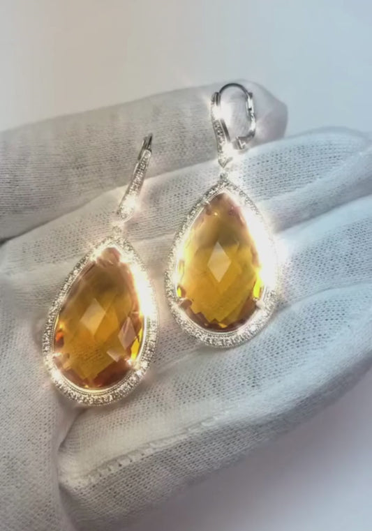 Natural 48.88ct Citrine and Diamond Ladies Dangle Earrings