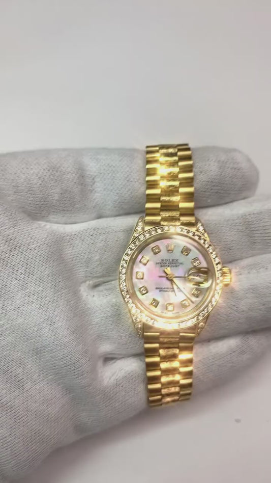 Rolex Damenuhr im President-Stil, Gelbgold, Diamant-Mop-Zifferblatt
