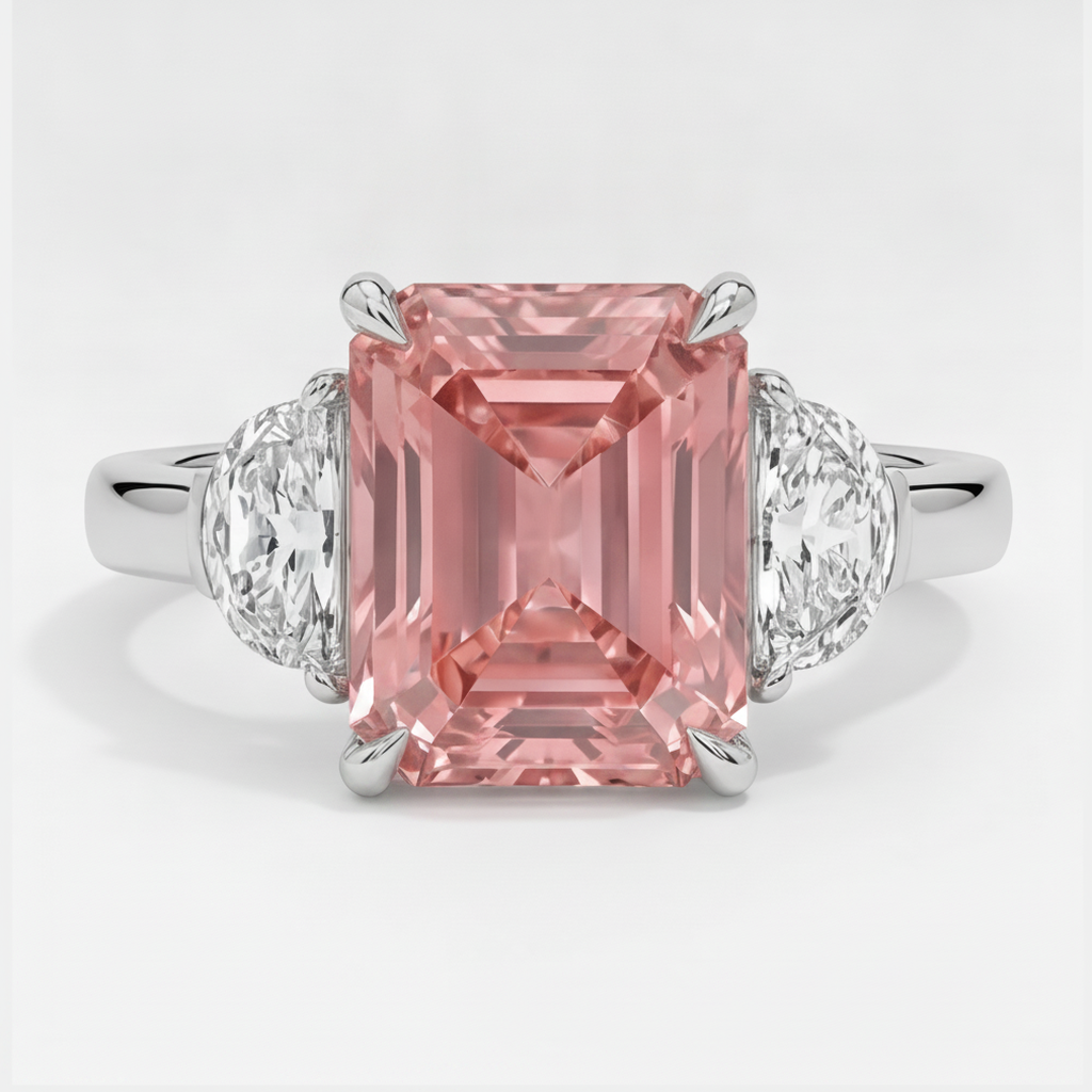 Padparadscha-Saphir-Ring 3,6 Karat, natürlicher Radiant-Schliff und weiße Halbmonde, Dreistein, Platin