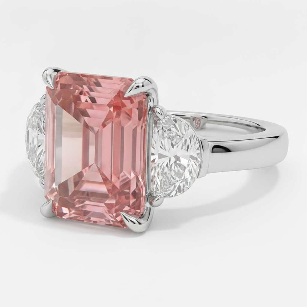 Padparadscha-Saphir-Dreistein-Ring aus Platin mit 3,6 Karat natürlichem Radiant-Schliff und weißen Halbmonden