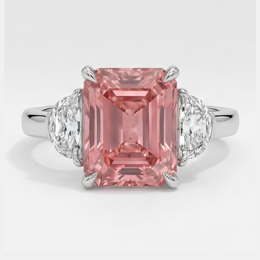 Padparadscha-Saphir-Dreistein-Ring aus Platin mit 3,6 Karat natürlichem Radiant-Schliff und weißen Halbmonden