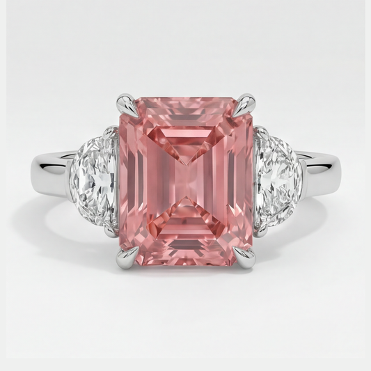 Padparadscha-Saphir-Dreistein-Ring aus Platin mit 3,6 Karat natürlichem Radiant-Schliff und weißen Halbmonden