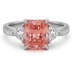 Dreistein-Kathedralenring aus 14 Karat Gold mit echtem pfirsichfarbenem Padparadscha-Saphir (3,4 Karat) im Radiant-Schliff und weißen Trillanten