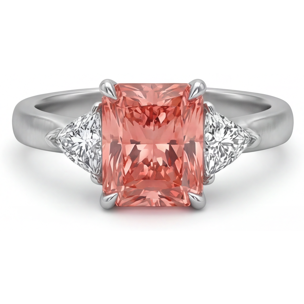 Dreistein-Kathedralenring aus 14 Karat Gold mit echtem pfirsichfarbenem Padparadscha-Saphir (3,4 Karat) im Radiant-Schliff und weißen Trillanten