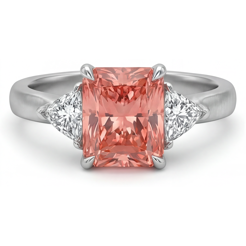 Padparadscha-Saphir-Ring 2,9 Karat Echter Radiant- und weißer Trilliant-Schliff Drei-Stein 14 Karat Gold
