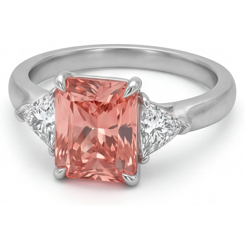 Dreistein-Kathedralenring aus 14 Karat Gold mit echtem pfirsichfarbenem Padparadscha-Saphir (3,4 Karat) im Radiant-Schliff und weißen Trillanten