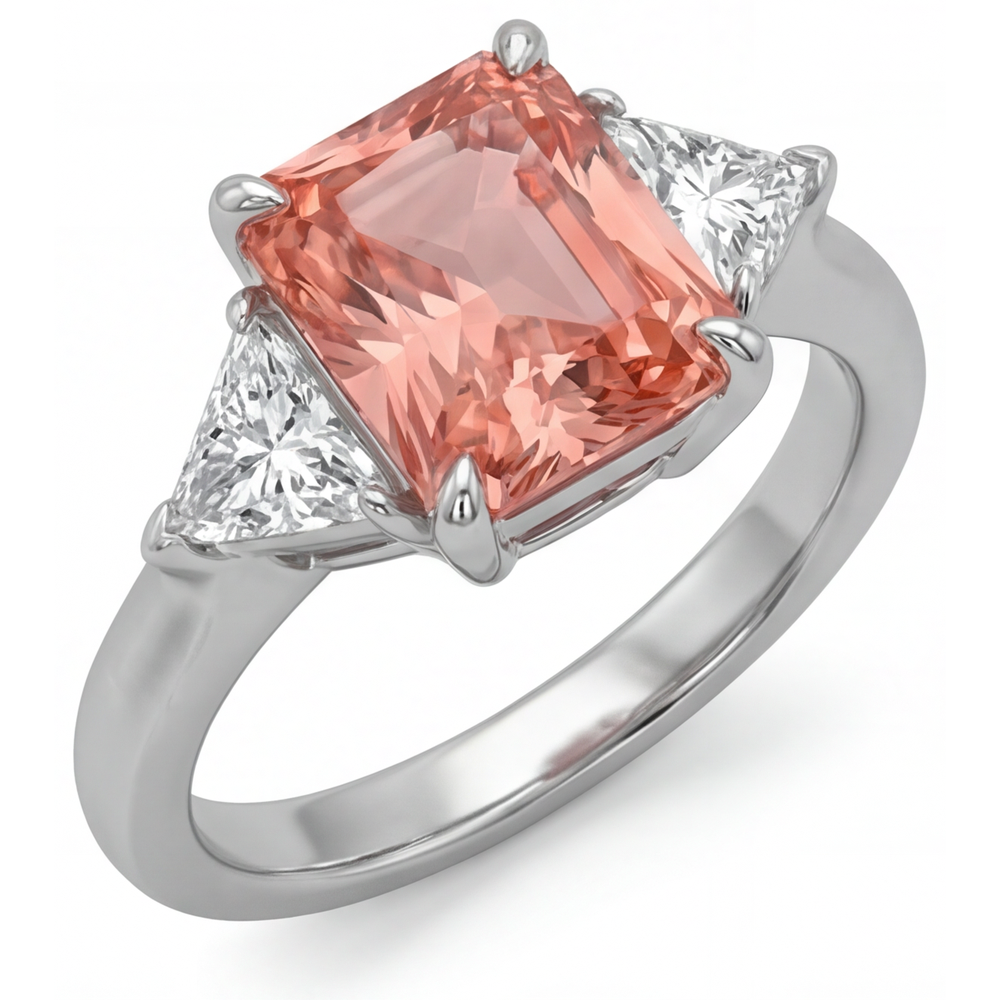 Dreistein-Ring mit echtem Padparadscha-Saphir 2,9 Karat im Radiant-Schliff und weißen Trillanten, 14 Karat Gold