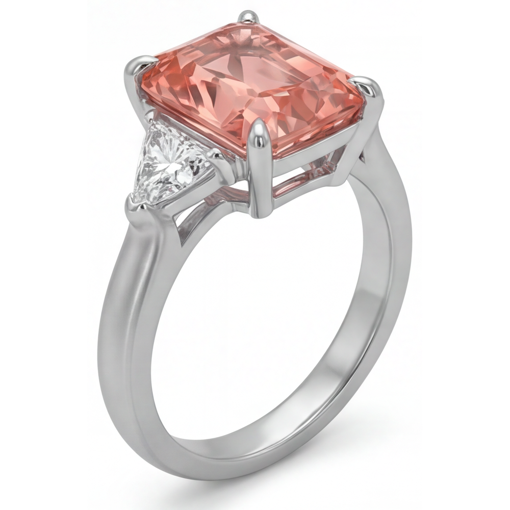 Echter pfirsichfarbener Padparadscha-Saphir im Radiant-Schliff, 3,4 Karat, und weiße Trillanten, Dreistein-Kathedralenring aus 14 Karat Gold