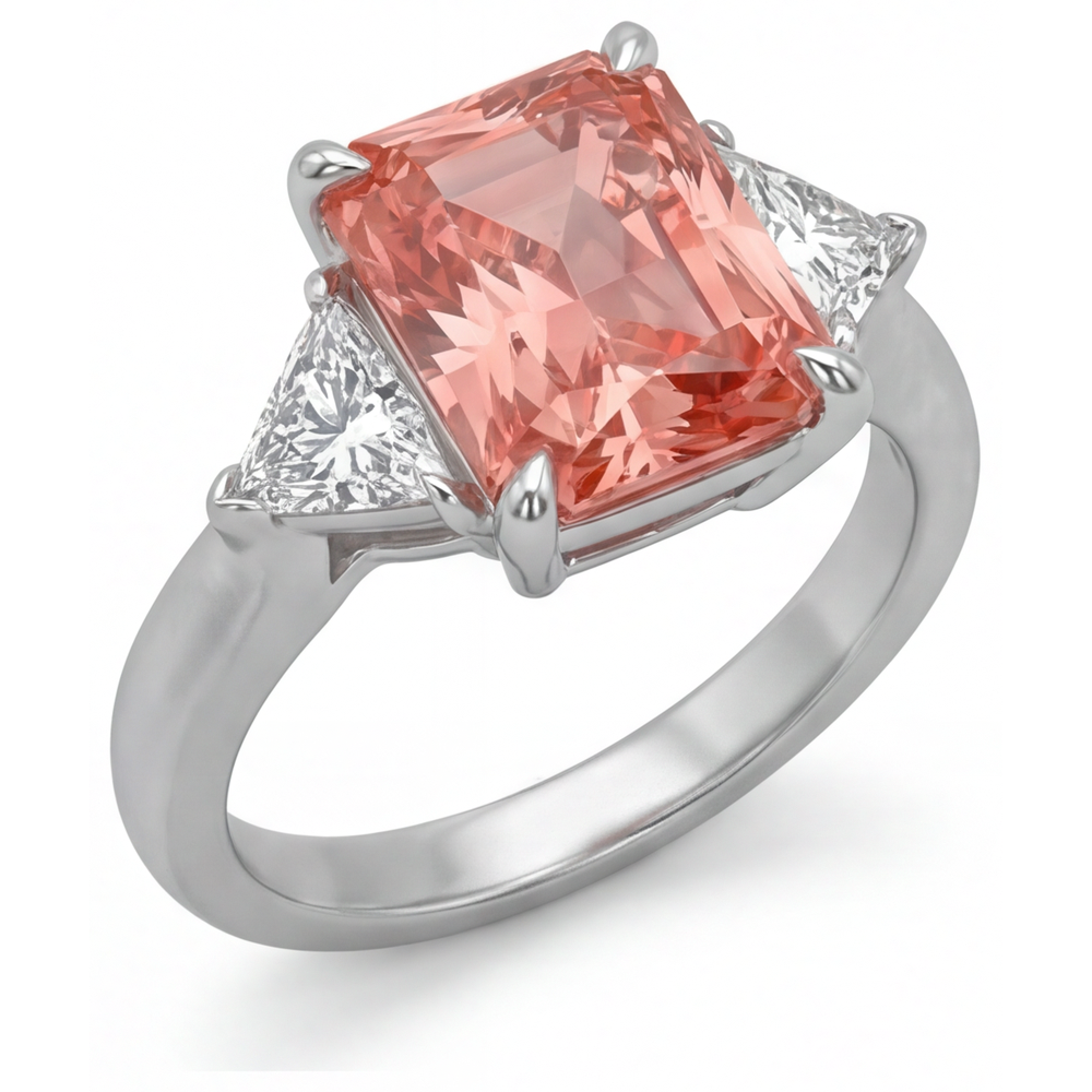 Echter pfirsichfarbener Padparadscha-Saphir im Radiant-Schliff, 3,4 Karat, und weiße Trillanten, Dreistein-Kathedralenring aus 14 Karat Gold