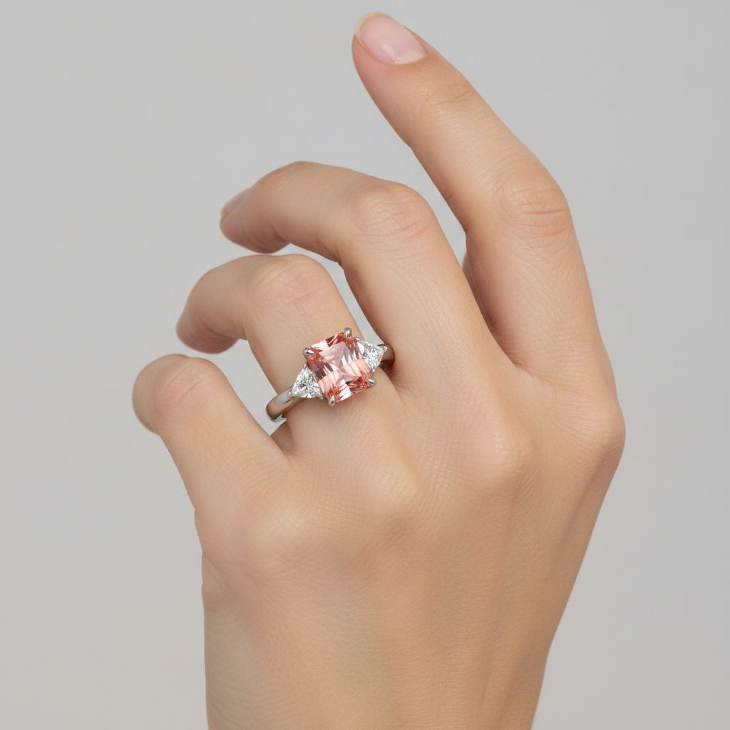 Echter pfirsichfarbener Padparadscha-Saphir im Radiant-Schliff, 3,4 Karat, und weiße Trillanten, Dreistein-Kathedralenring aus 14 Karat Gold