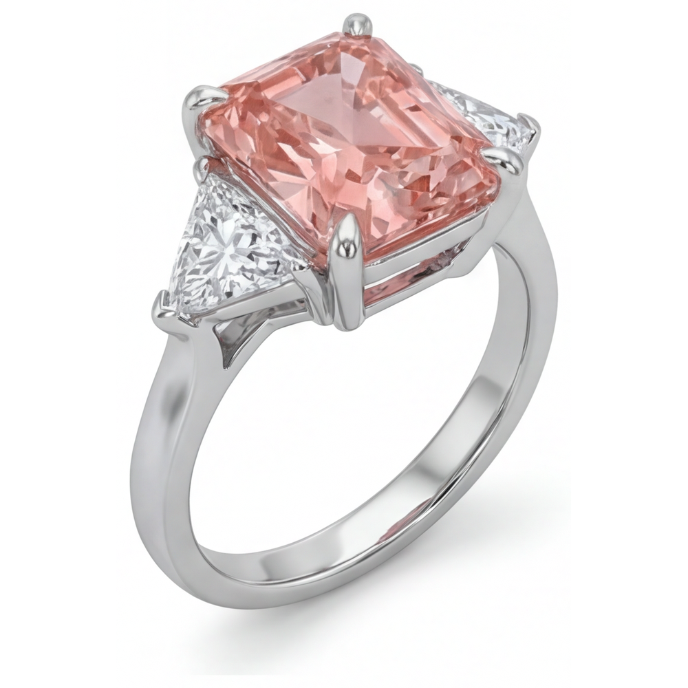 Verlobungsring mit pfirsichfarbenem Saphir, 2,9 Karat, echter Padparadscha im Radiant-Schliff und weiße Trilliant-Steine, Drei-Stein-Design, schlichtes 14 Karat Gold