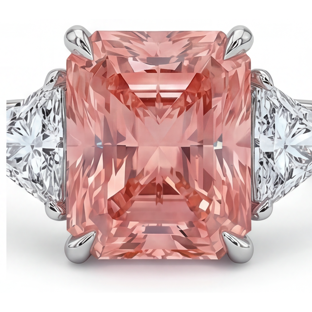 Verlobungsring mit pfirsichfarbenem Saphir, 2,9 Karat, echter Padparadscha im Radiant-Schliff und weiße Trilliant-Steine, Drei-Stein-Design, schlichtes 14 Karat Gold