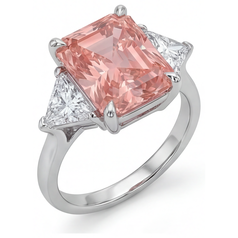 Verlobungsring mit pfirsichfarbenem Saphir, 2,9 Karat, echter Padparadscha im Radiant-Schliff und weiße Trilliant-Steine, Drei-Stein-Design, schlichtes 14 Karat Gold