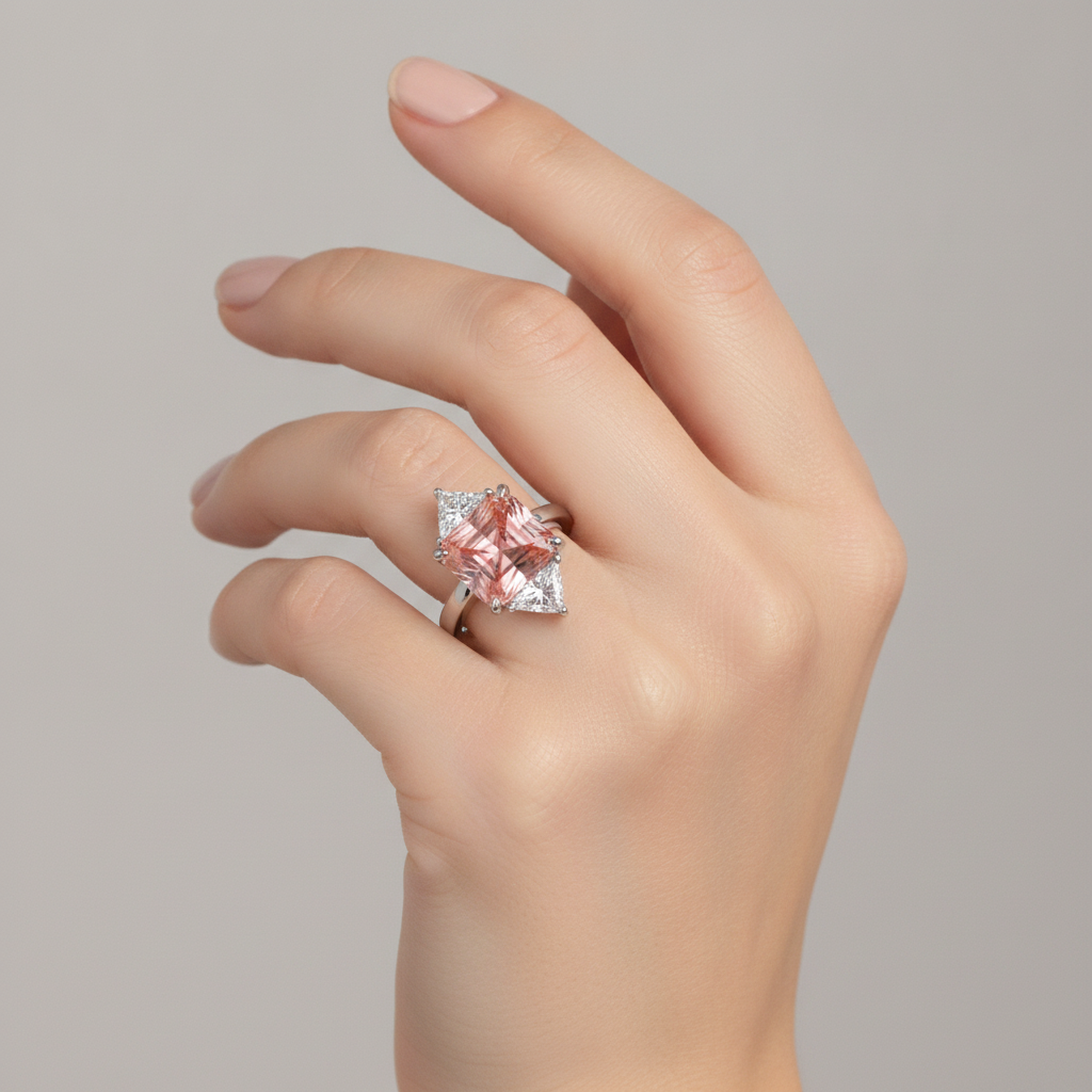 Verlobungsring mit pfirsichfarbenem Saphir, 2,9 Karat, echter Padparadscha im Radiantschliff und weiße Trillanten, Drei-Stein, schlichtes 14 Karat Gold