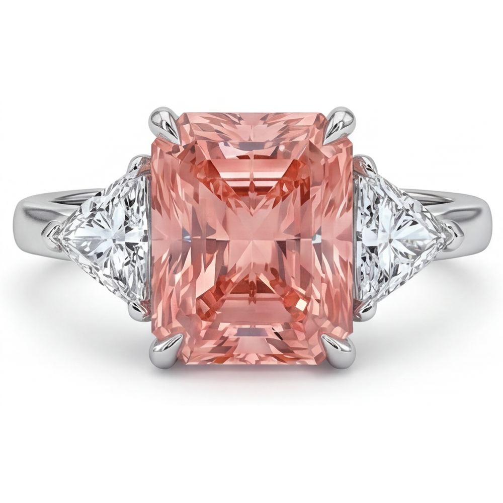 Verlobungsring mit pfirsichfarbenem Saphir, 2,9 Karat, echter Padparadscha im Radiant-Schliff und weiße Trilliant-Steine, Drei-Stein-Design, schlichtes 14 Karat Gold