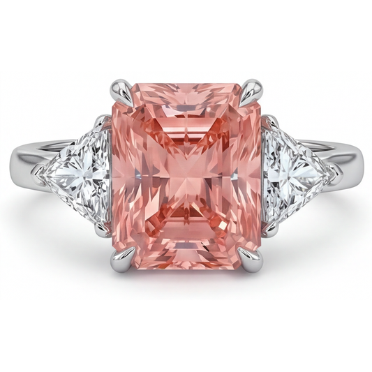 Verlobungsring mit pfirsichfarbenem Saphir, 2,9 Karat, echter Padparadscha im Radiantschliff und weiße Trillanten, Drei-Stein, schlichtes 14 Karat Gold
