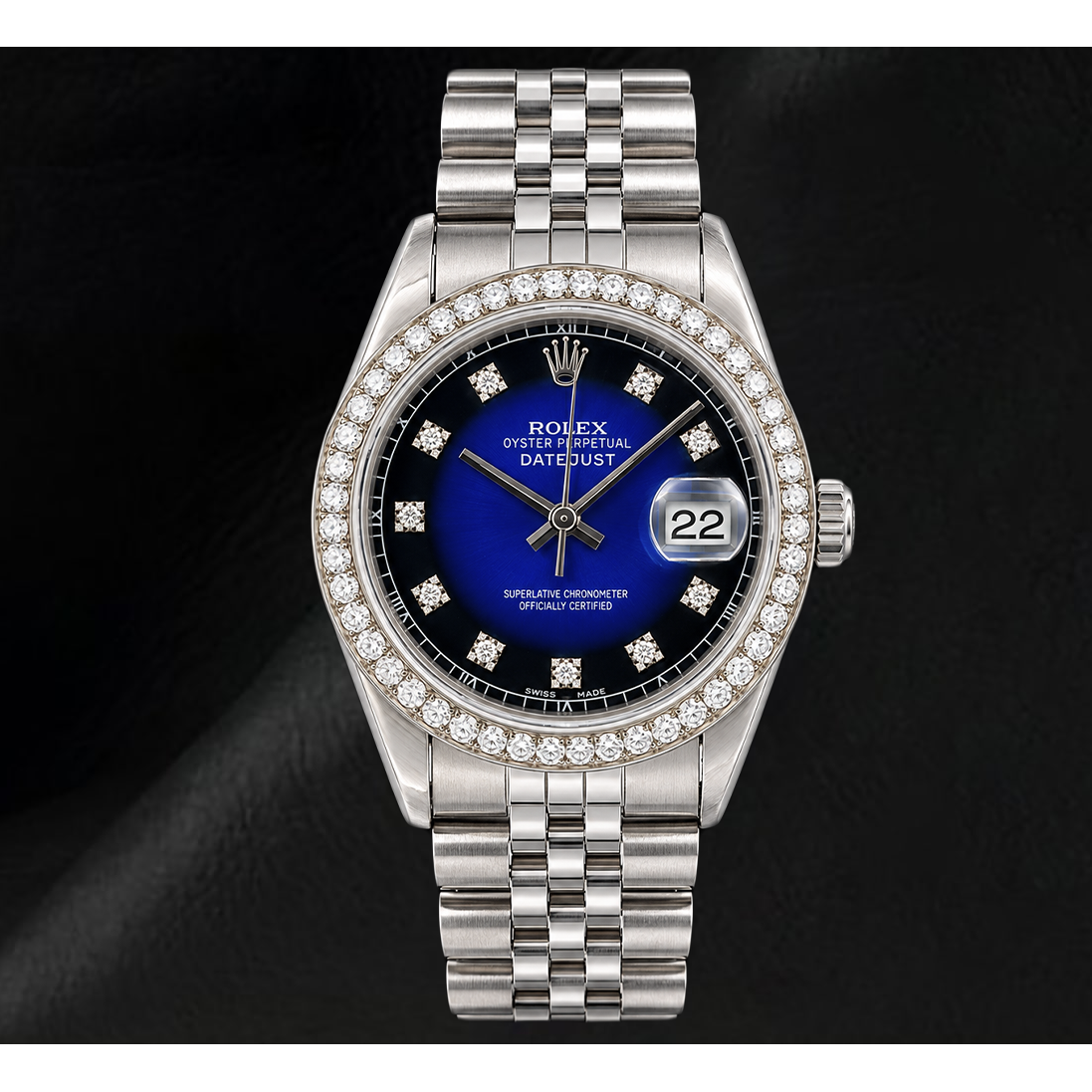 Rolex 1601 Datejust 36 mm Uhr aus Edelstahl mit blauem Diamantzifferblatt